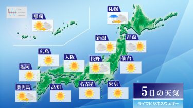 今日5日・明日6日の天気予報　今日はカラッと晴れるも明日は四国～沖縄で雨や雷雨　関東も次第に雲増える