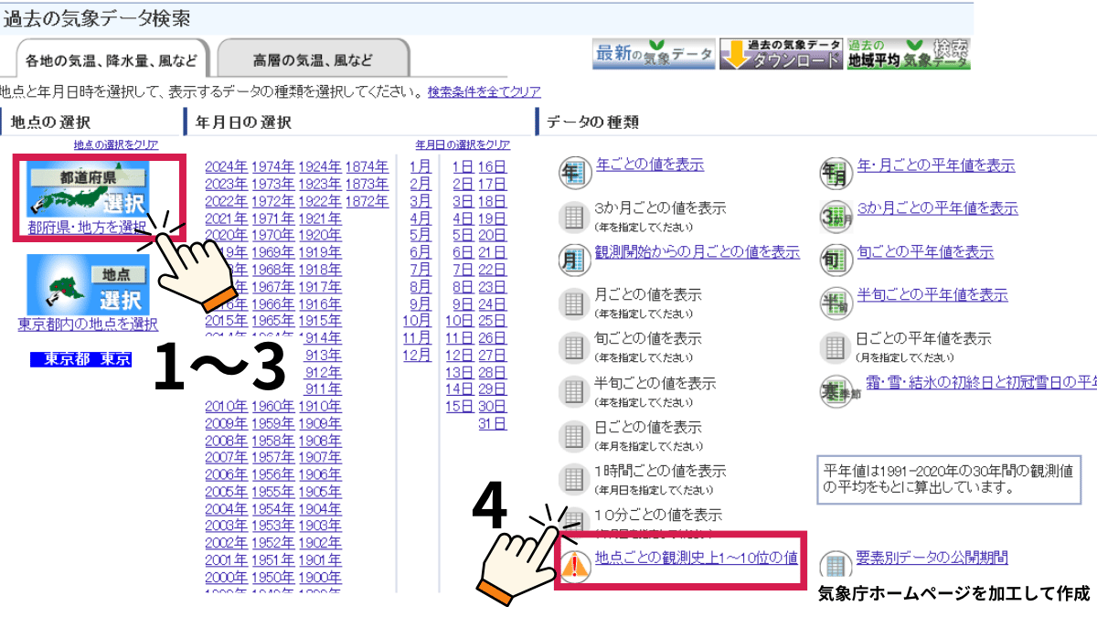 天気の記録調べ方