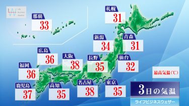 今日3日・明日4日の天気予報　今日は西日本～東海で40度に迫る暑さ！明日はゲリラ雷雨に注意