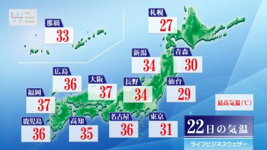 今日22日・明日23日の天気予報　北海道は明日にかけて警報級の大雨のおそれ 東海以西は猛暑警戒