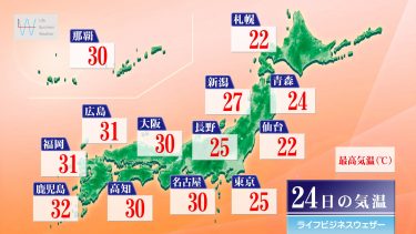 今日24日・明日25日の天気予報　北海道～関東は秋の空気流れ込む！西日本は断続的に雨が降り明日午後は関東・東海も大雨注意